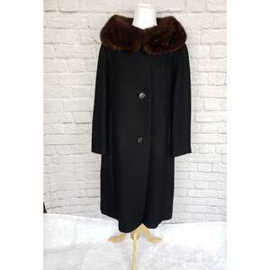 VTG Berroco Black Wool Boucle Swing Coat Mink Fur Collar Wancantuck Fits a M/L